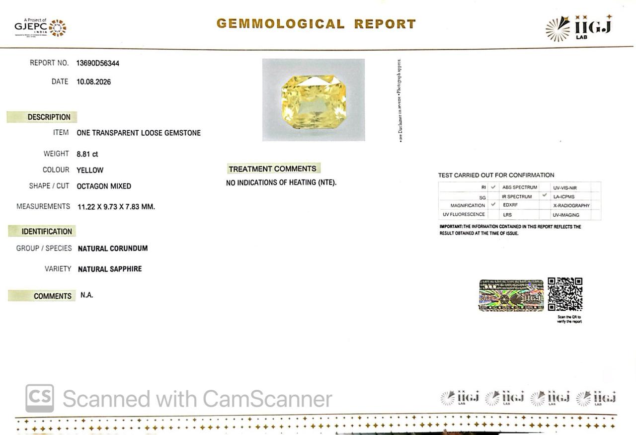 Natural Yellow Sapphire (Pukhraj) 8.81 CT - Certified