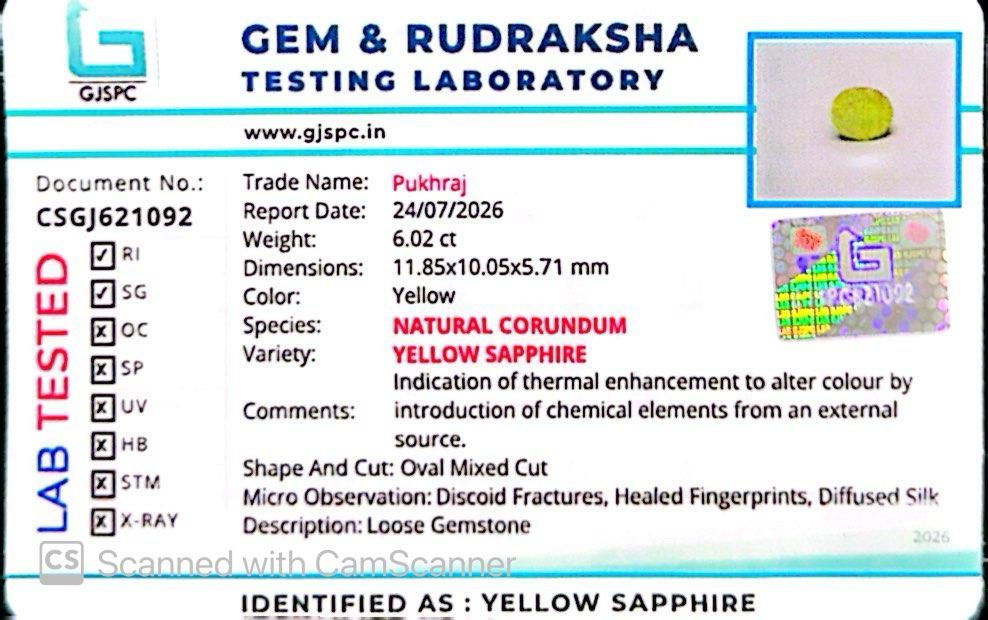 Natural Yellow Sapphire (Thailand) – Prosperity, Wisdom & Jupiter’s Blessing 6.02 CT