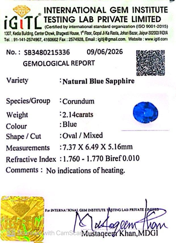 Natural Blue Sapphire (Neelam) 2.14 Ct – Certified
