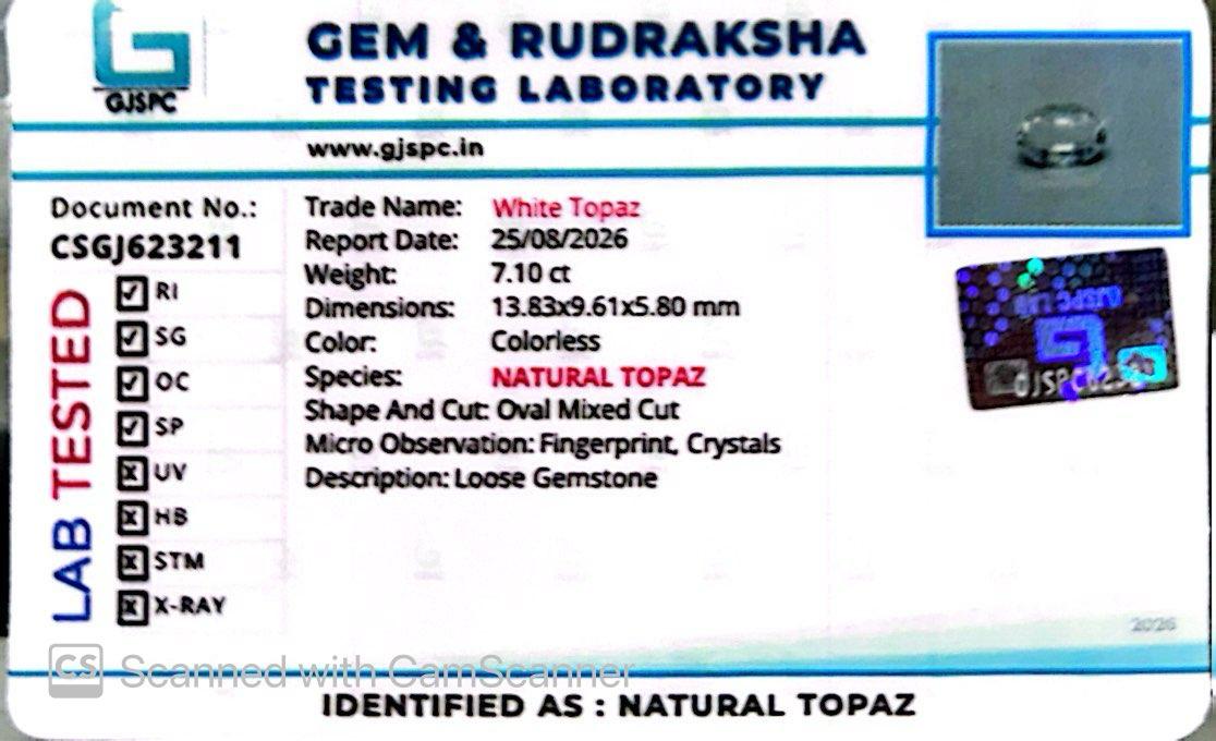 Natural White Topaz 7.10 Ct – Certified Gemstone