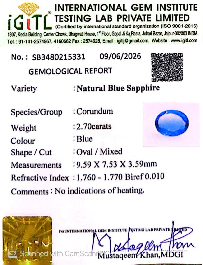 Natural Blue Sapphire (Neelam) 2.70 Ct – Certified