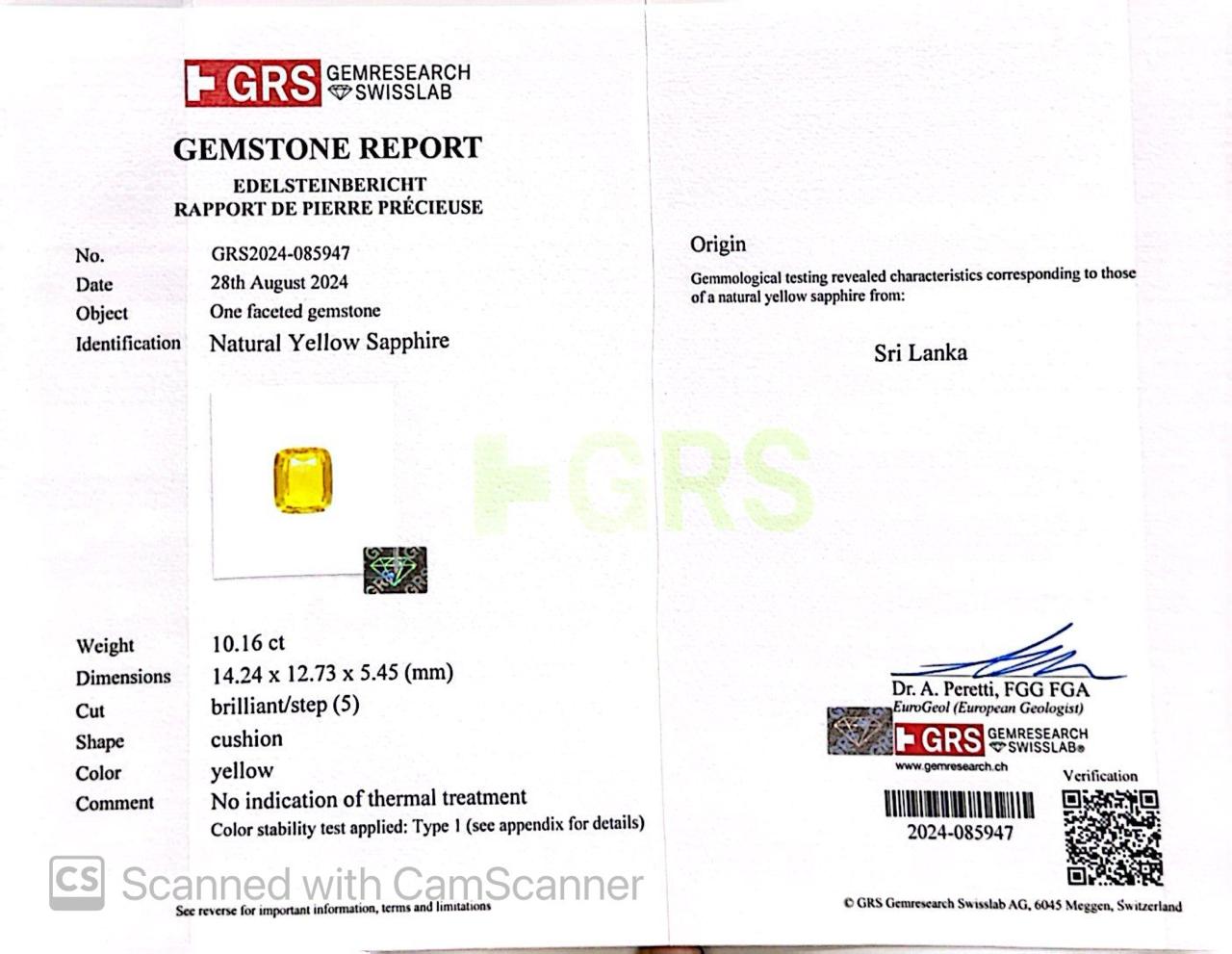 Natural Yellow Sapphire (Pukhraj) 10.16 CT - Certified