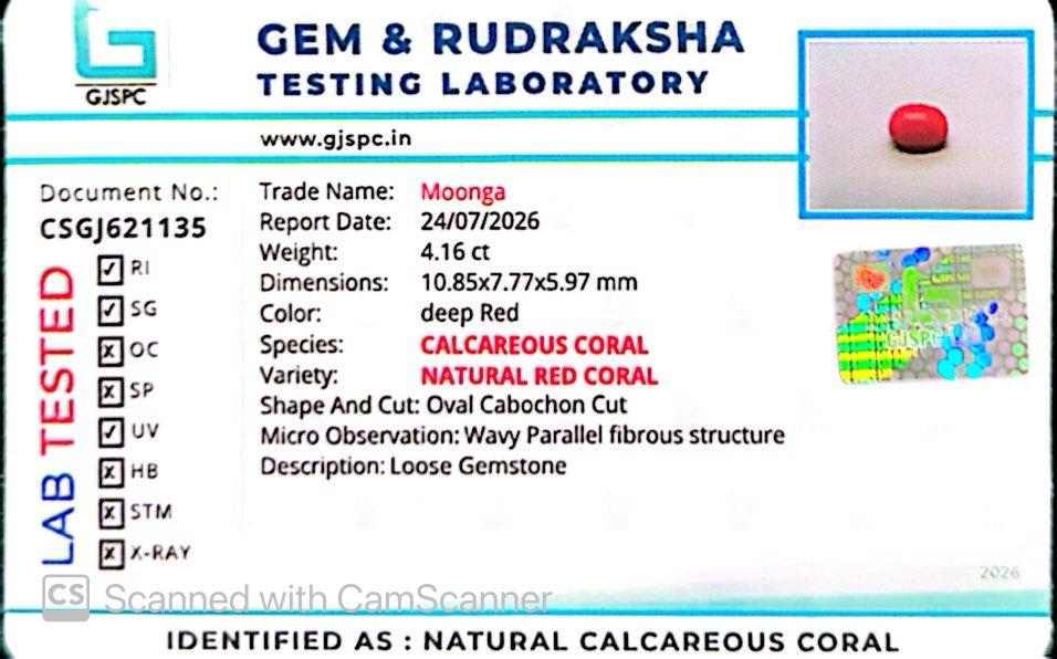 Natural Red Coral (Moonga) – Italy Origin – Certified & Untreated Gemstone for Mars Energy 4.16 CT