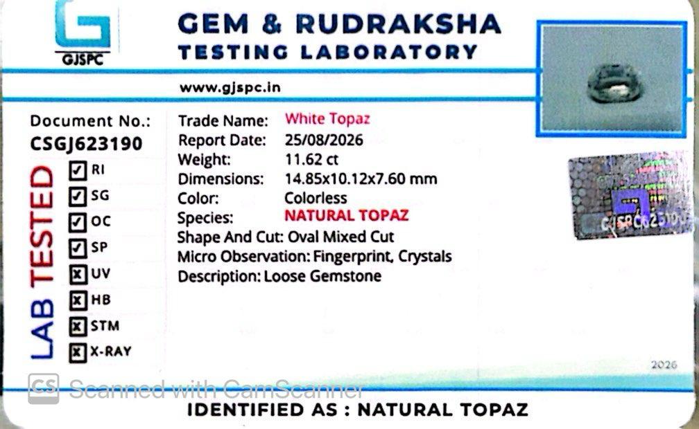 Natural White Topaz 11.62 Ct - Certified Gemstone