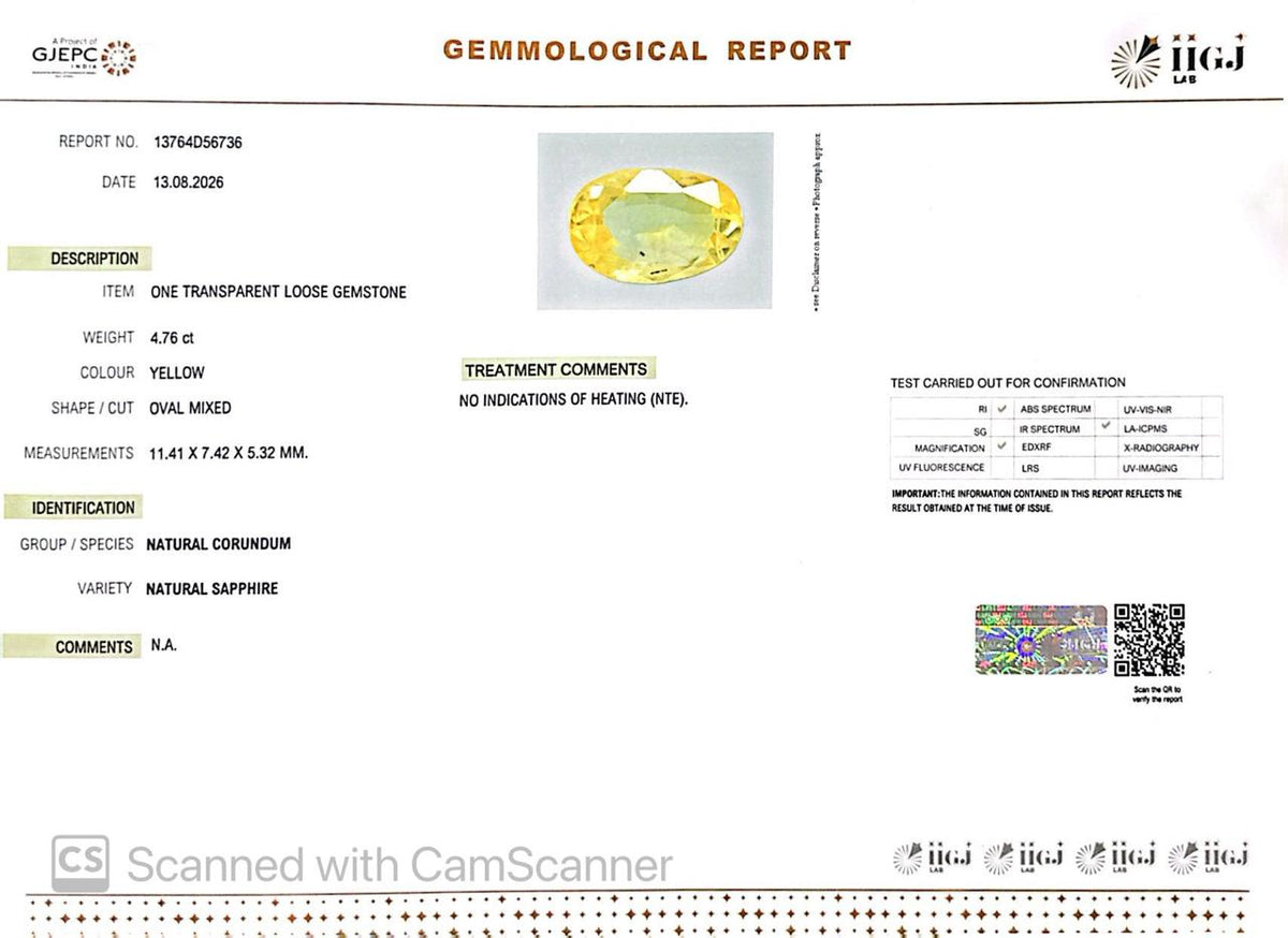 Natural Yellow Sapphire (Pukhraj) 4.76 CT - Certified