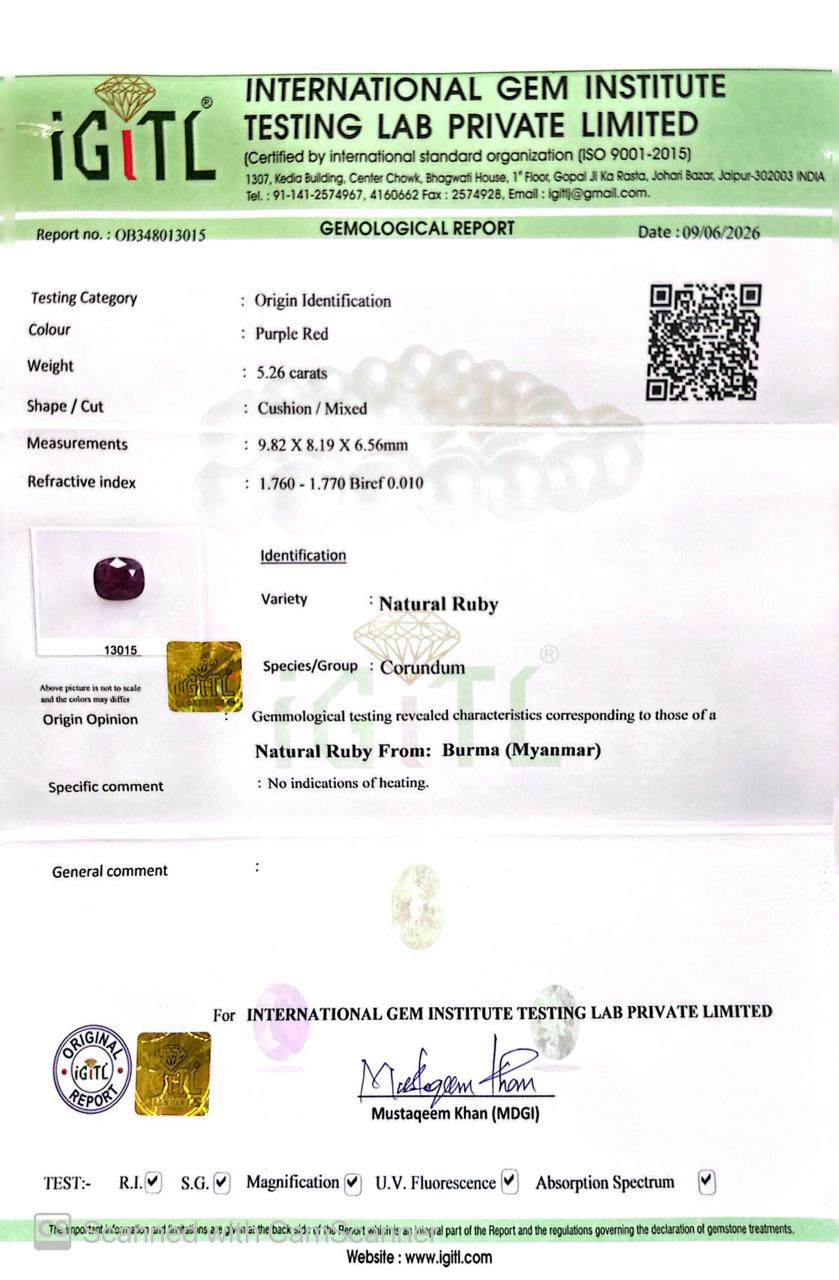 Natural Burma Ruby (Manik) 5.26 CT Certified