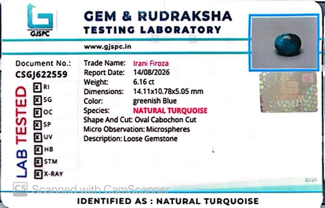 Natural Firoza (Turquoise) 6.16 CT – Certified Gemstone