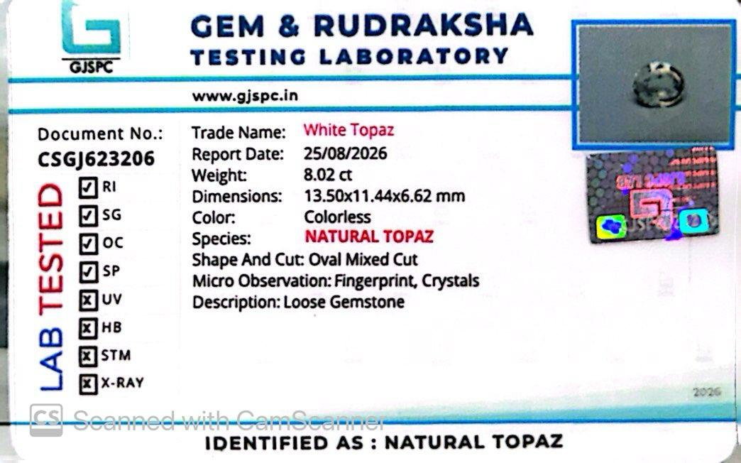 Natural White Topaz 8.02 Ct – Certified Gemstone