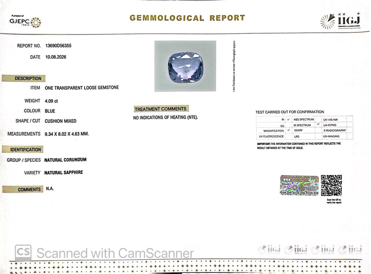 Natural Blue Sapphire (Neelam) 4.09 Ct – Certified