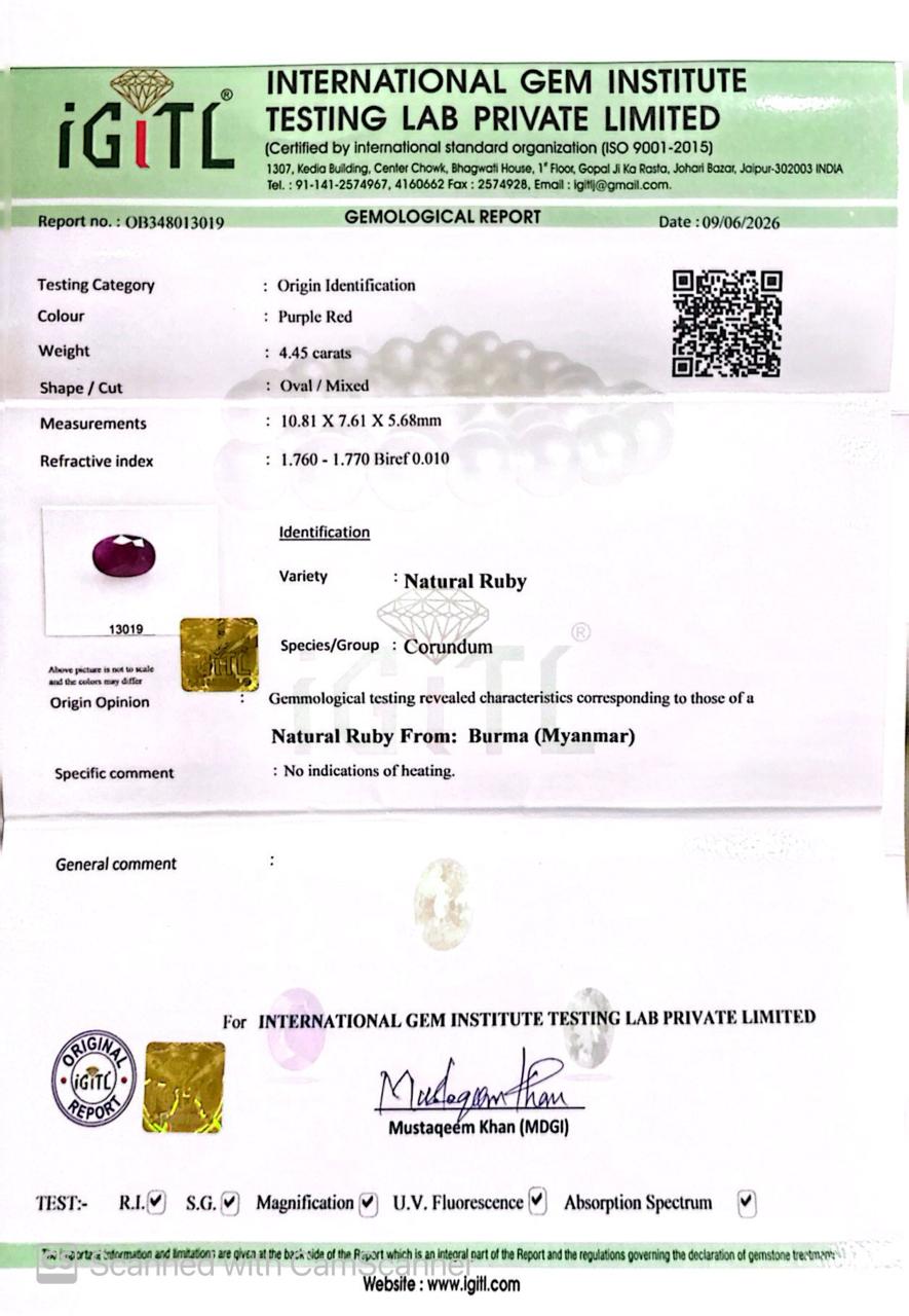Natural Burma Ruby (Manik) 4.45 CT Certified