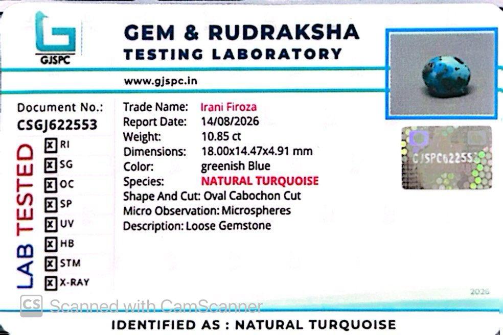 Natural Firoza (Turquoise) 10.85 CT – Certified Gemstone