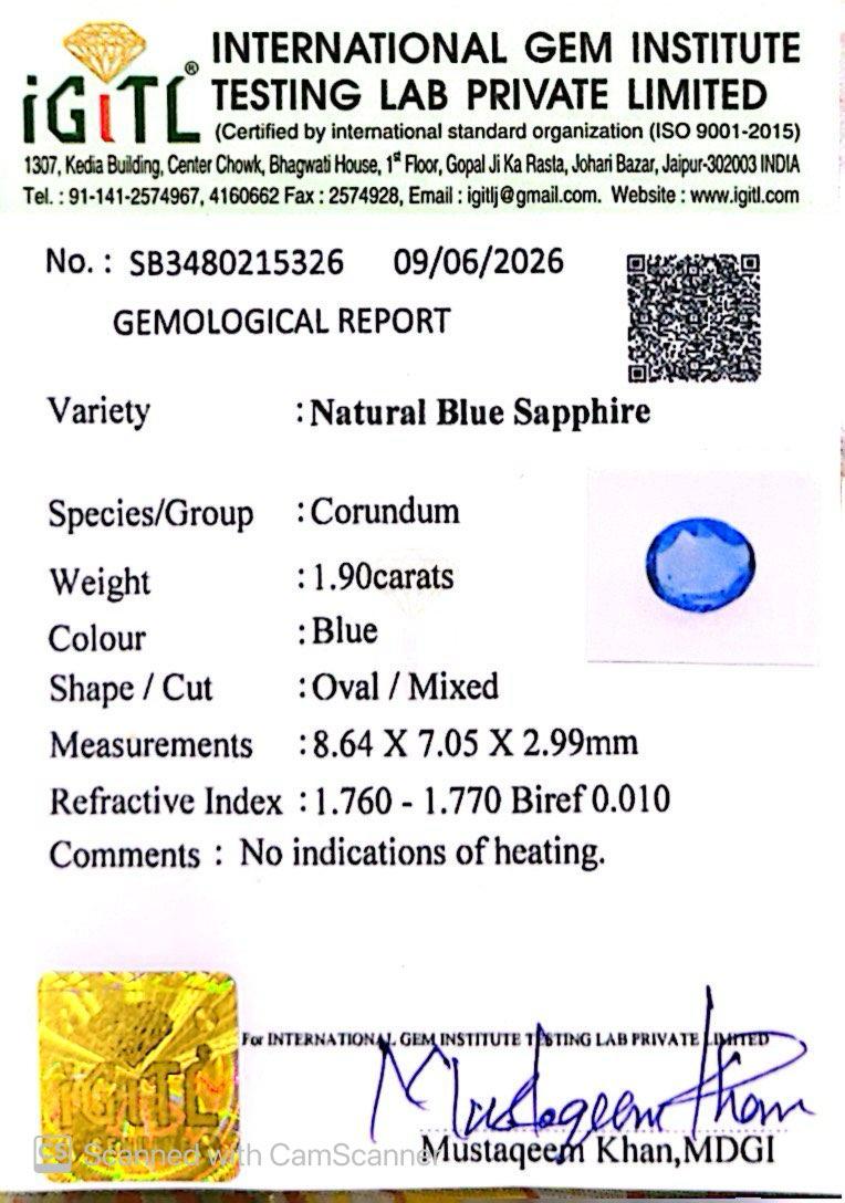 Natural Blue Sapphire (Neelam) 1.90 Ct – Certified