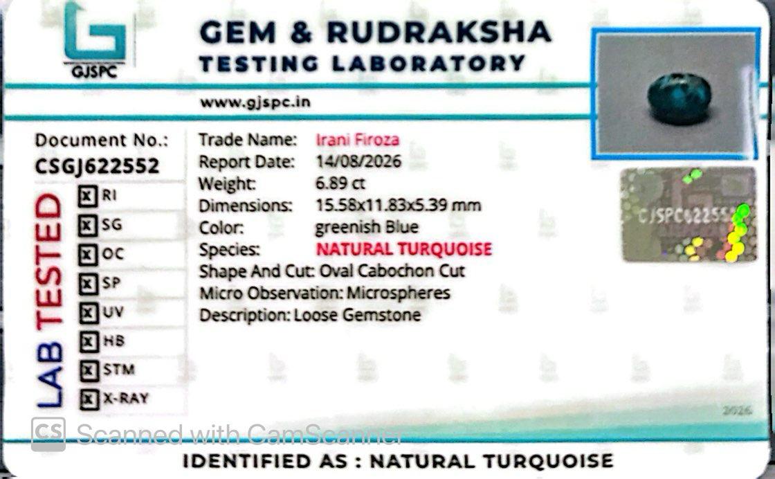 Natural Firoza (Turquoise) 6.89 CT – Certified Gemstone