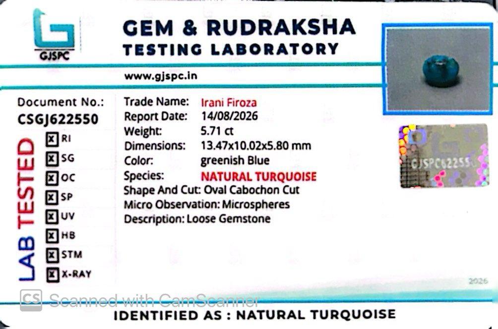 Natural Firoza (Turquoise) 5.71 CT – Certified Gemstone