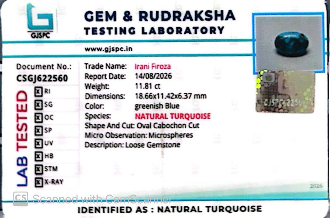 Natural Firoza (Turquoise) 11.81 CT – Certified Gemstone
