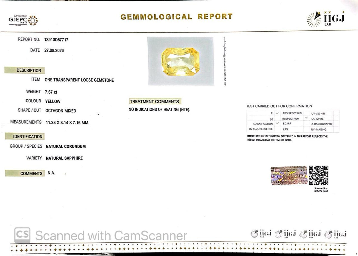 Natural Yellow Sapphire (Pukhraj) 7.67 CT - Certified