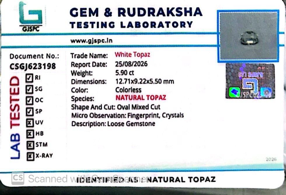 Natural White Topaz 5.90 Ct – Certified Gemstone