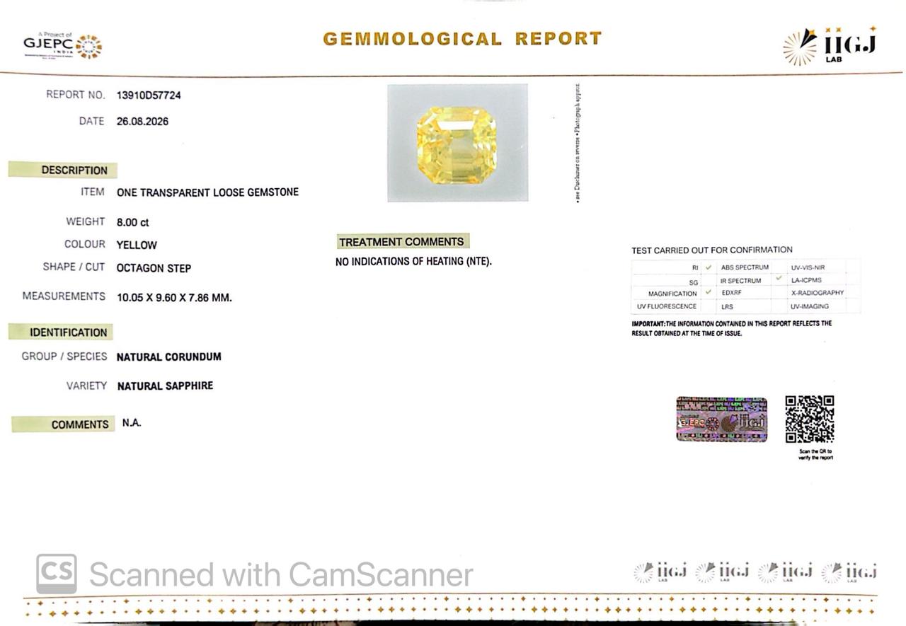 Natural Yellow Sapphire (Pukhraj) 8.00 CT - Certified