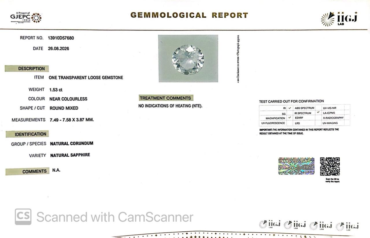 Natural White Sapphire 1.53 Ct – Certified Gemstone
