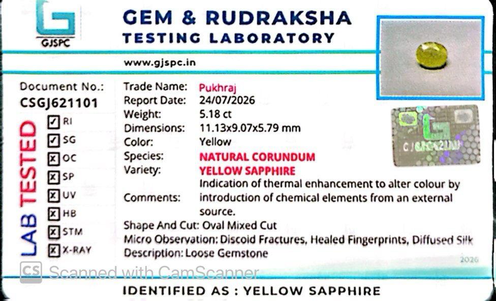 Natural Yellow Sapphire (Thailand) – Prosperity, Wisdom & Jupiter’s Blessing 5.18 CT