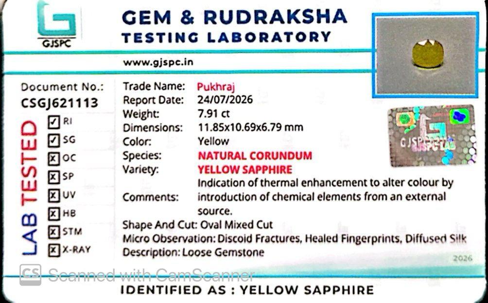 Natural Yellow Sapphire (Thailand) – Prosperity, Wisdom & Jupiter’s Blessing 7.91 CT
