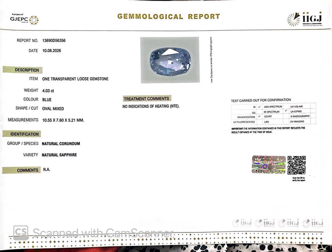 Natural Blue Sapphire (Neelam) 4.03 Ct – Certified