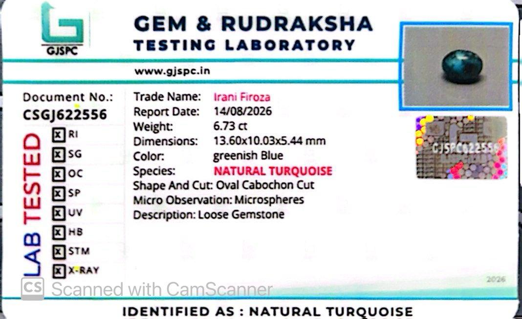 Natural Firoza (Turquoise) 6.73 CT – Certified Gemstone