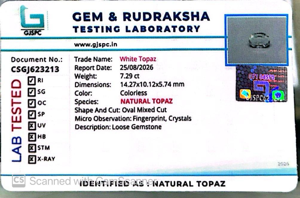 Natural White Topaz 7.29 Ct – Certified Gemstone