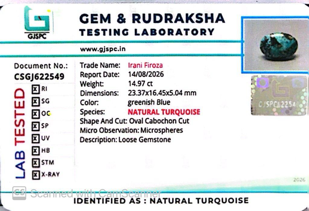 Natural Firoza (Turquoise) 14.97 CT – Certified Gemstone