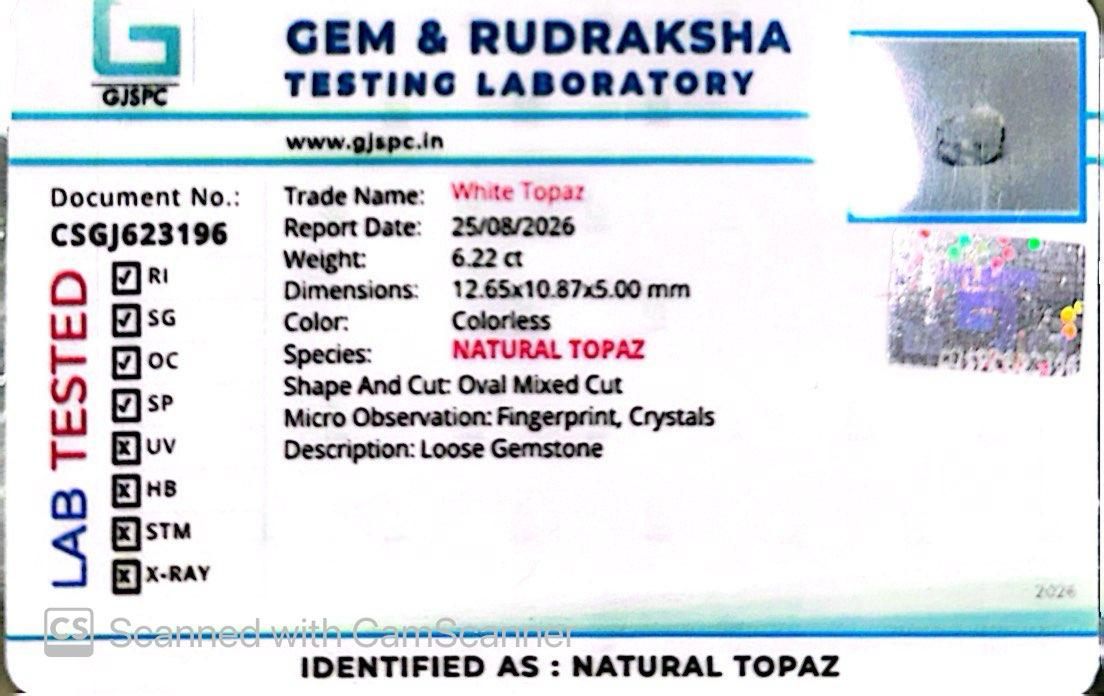 Natural White Topaz 6.22 Ct – Certified Gemstone