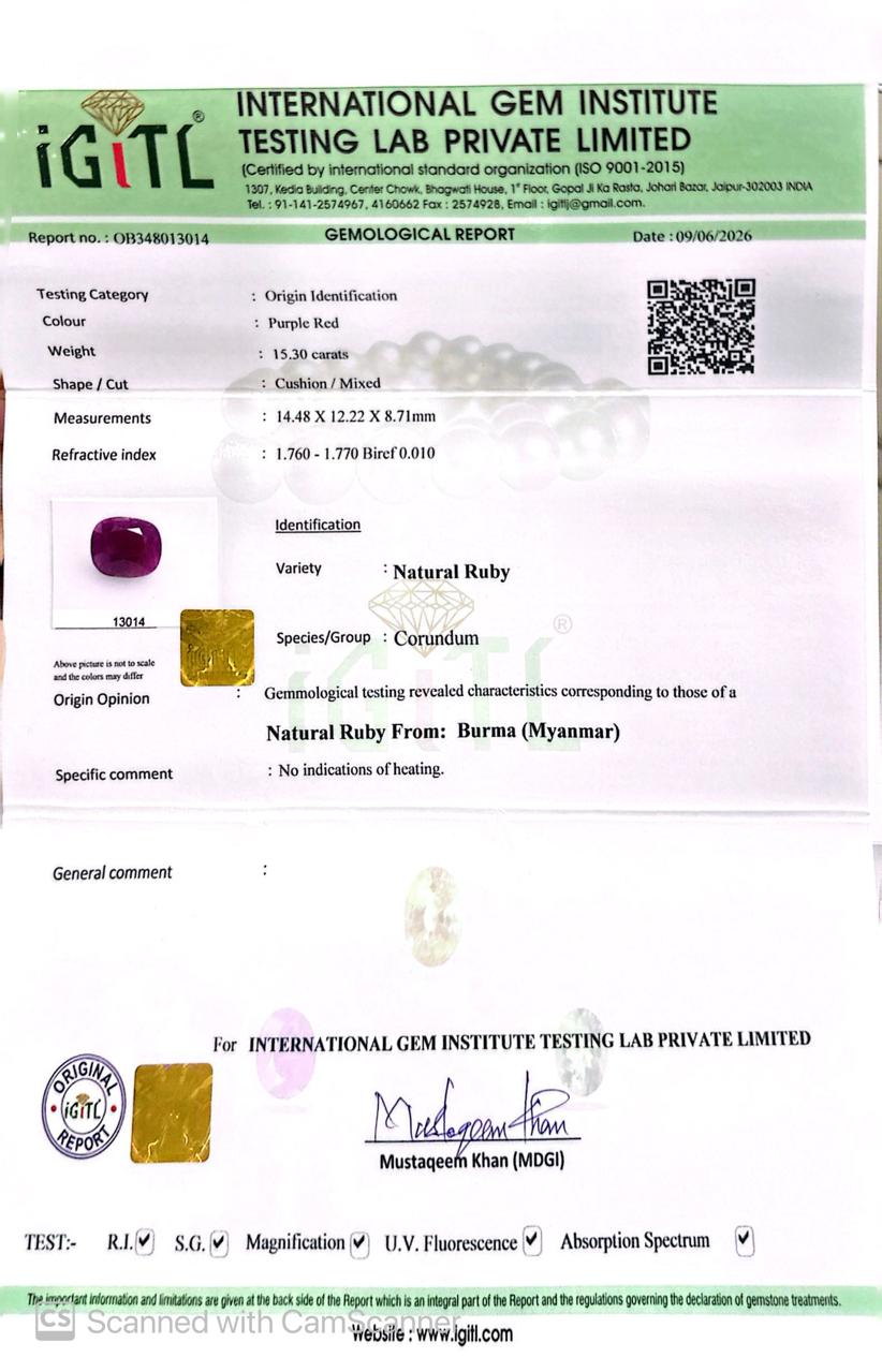Natural Burma Ruby (Manik) 15.30 CT Certified