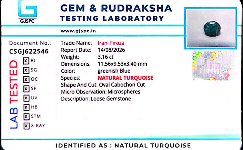 Natural Firoza (Turquoise) 3.16 CT – Certified Gemstone
