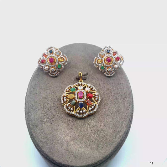Natural Navratan Silver Pendant Set – 925 Sterling Silver with 9 Sacred Gemstones (Pendant + Earrings)